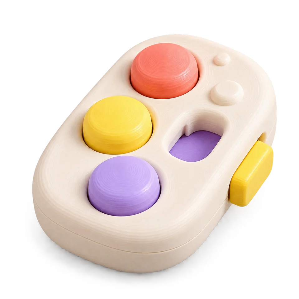 Ivory 3D-printed clicker with coral yellow and lavender buttons