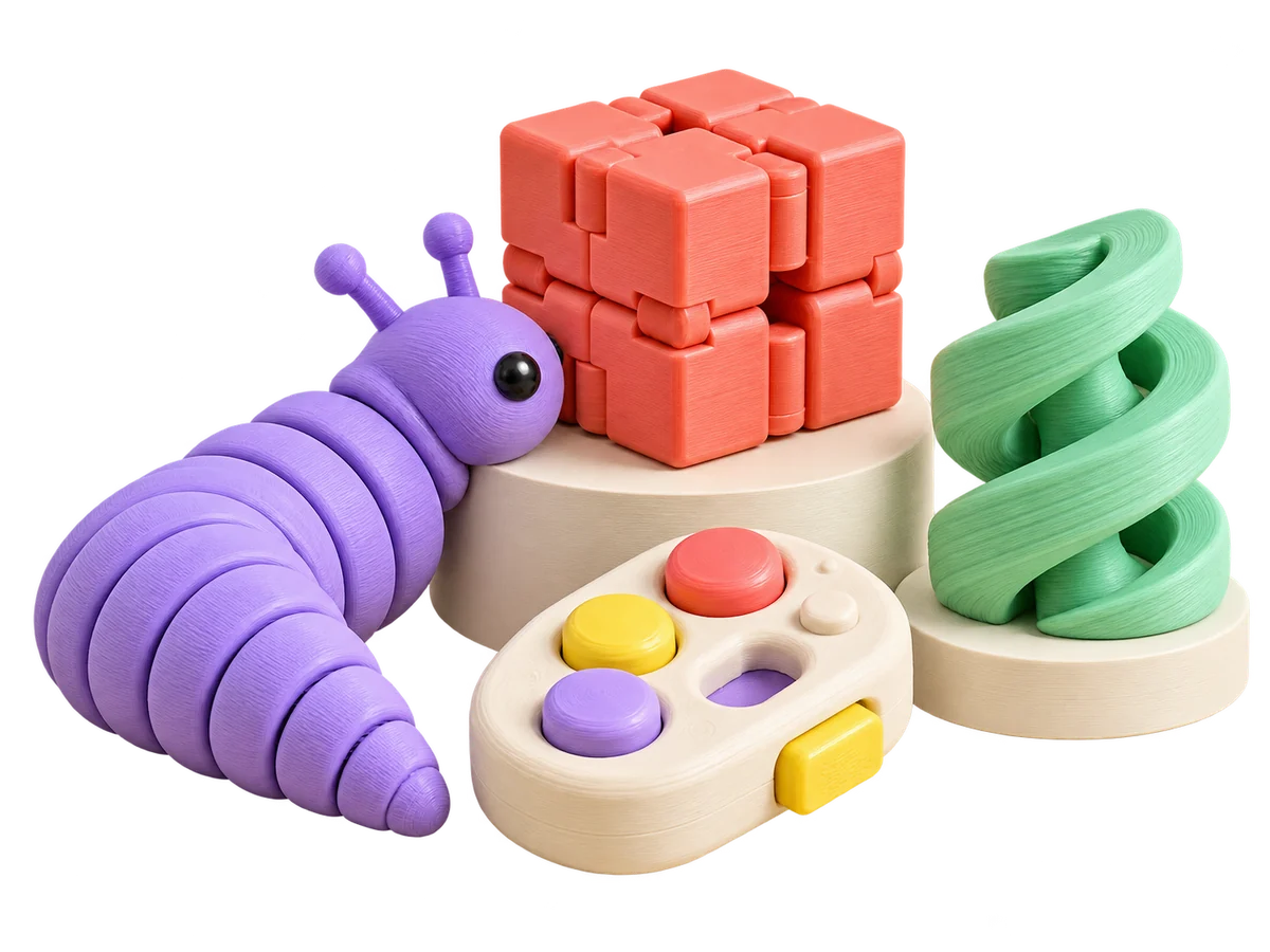The whole Momo family: slug, cube, clicker and spiral together